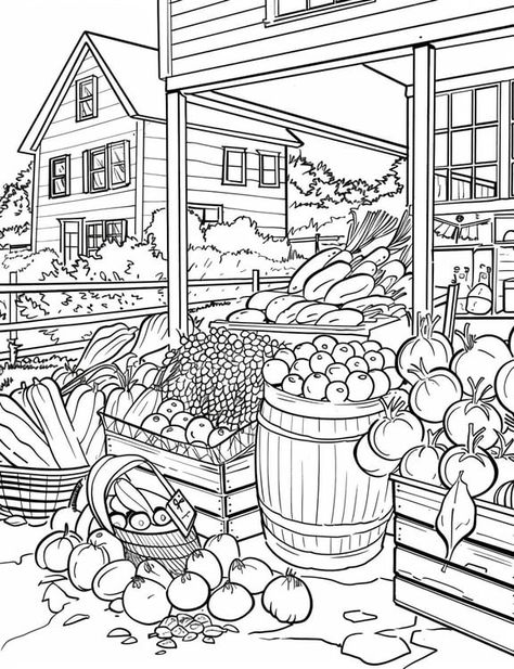 A Vibrant Farmers Market With Stalls Full Of Fresh Power Colors, Coloring Supplies, Let The Fun Begin, Easy Coloring Pages, Uppercase And Lowercase, Special Characters, Farmers Market, Free Coloring Pages, Farmer