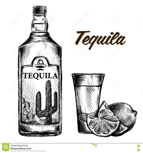 Bottle Of Tequila With Lime And Glass. Painted By Hand Stock Vector - Illustration of cocktail, object: 81674941 Layers Illustration, Bottle Of Tequila, Espolon Tequila, Wine Tattoo, Think Tattoo, Tequila Bottle, Cocktail Illustration, Bottle Tattoo, Bottle Drawing