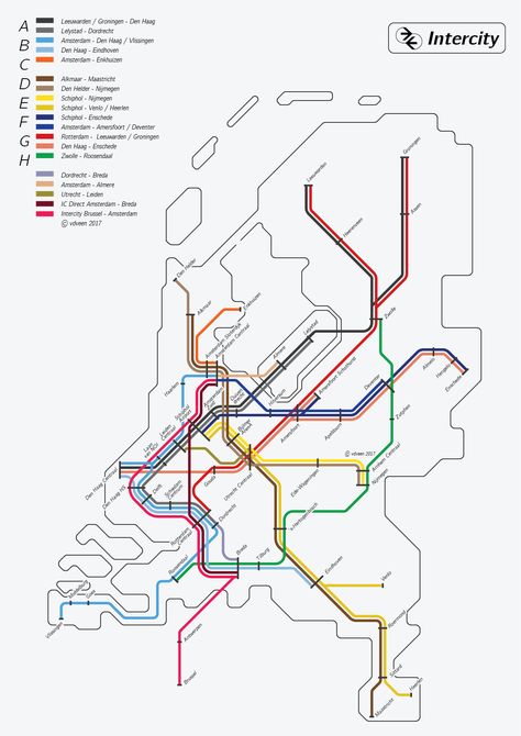 Unofficial Map: “Spoorslag 70″-Style Map of Intercity Trains in the Netherlands, 2017 by AS Veen The lovely 1970 Dutch train map featured in my previous post was brought to my attention by the author of this map – a pitch-perfect recreation of the... Subway Map Design, Map Brochures, 70 Style, Underground Map, Train Map, Transit Map, Seventies Style, Metro Rail, Metro Map