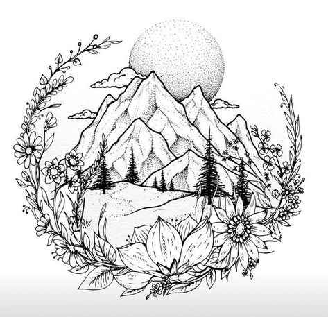 Mountain And Deer Tattoo, Compass Mountains Tattoo, Dream Catcher With Mountains Tattoo, Woods And Mountain Tattoo, Hip Tattoos Women Mountain, Mountain Sunflower Tattoo, Mountain And Flower Tattoo Forearm, Tattoo Ideas To Add To Sleeve, Unconditional Love Tattoo With Names