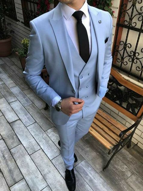 Costume For Men Wedding, Best Groomsmen Outfits, Light Blue Suits For Men, Suits For Men Prom, Wedding Best Man, Blue Groom, Light Blue Suit, Suit Groom