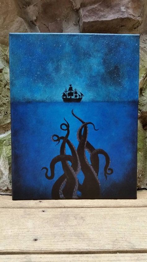 Pirate Ship Art, Tentacle Art, Octopus Painting, Soyut Sanat Tabloları, Simple Acrylic Paintings, Arte Inspo, Sea Art, Beginner Painting, Nail Arts