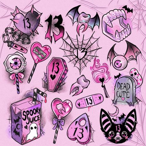 All Posts • Instagram Spooky Girly Tattoos, Cute Halloween Flash Tattoo, Friday 13th Tattoo Flash, Cute Goth Tattoo, Friday 13 Tattoo Ideas, Friday The 13th Tattoo Flash, Friday The 13th Tattoo, Sticker Inspo, Pink Tattoo