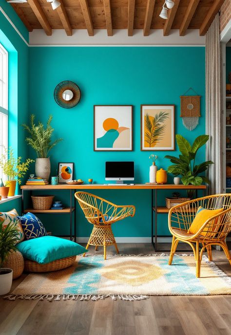 Blue and Yellow Boho Decor Turquoise Office Decor, Bright Boho Color Palette, Teal Office, Boho Decor Ideas, Teal Color Palette, Boho Mid Century Modern, Color Palette Yellow, Bright Boho, Boho Interiors