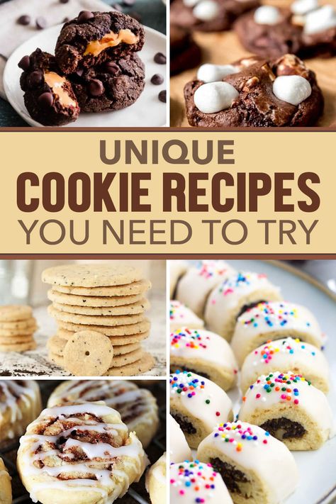 Never bake another boring cookie at home. Thus list of 25 unique cookie recipes are fun and some that you've likely never heard of! New Baking Recipes, Cookie Flavors List, Different Cookie Recipes, Unique Cookie Recipes, Mmm Cookies, Recipes Unique, Special Cookies, Recipe Cookies, Monster Cookie