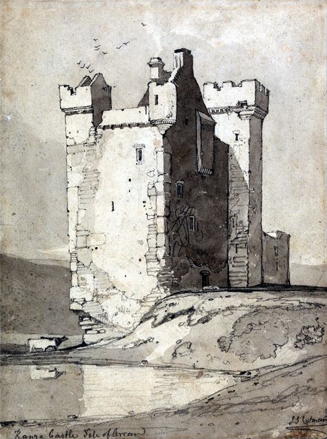 Lochranza Castle, Isle of Arran, Scotland – Sketch by John Sell Cotman, ca. 1800. Castle Sketch, Isle Of Arran, Landscape Drawings, Arte Fantasy, Architecture Drawing, Pencil Drawings, Metal Wall Art, Fantasy Art, Gallery Wrap Canvas