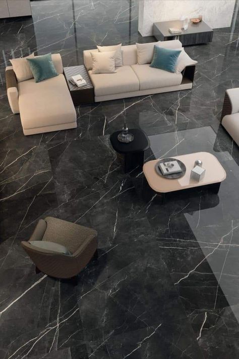 Floor Plans Courtyard, Black Marble Living Room, Living Room Inspo Cozy, Marble Floor Living Room, Tiles For Living Room Floor, Wallpaper Living Room Accent Wall, Luxury Marble Flooring, Room Inspo Cozy, Room Tiles Design