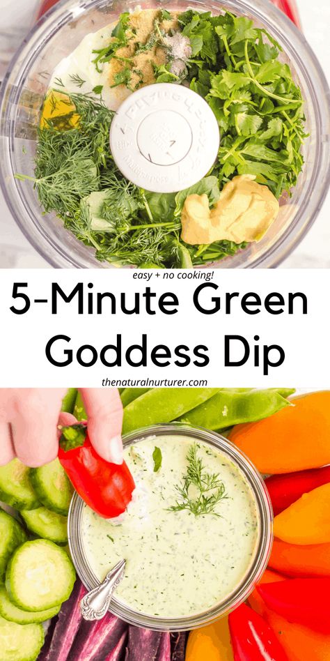 Packed with fresh herbs, creamy, flavorful, and only taking 5 minutes, this easy Green Goddess Dip is the perfect way to add pizzazz to salads, a veggie plate, or whatever meal you dream up. Green Veggie Dip, Veggie Dip Healthy, Healthy Dip For Veggies, Green Dip Recipe, Veggie Dip Recipes, Green Dinner Ideas, Homemade Veggie Dip, Green Appetizers, Best Veggie Dip