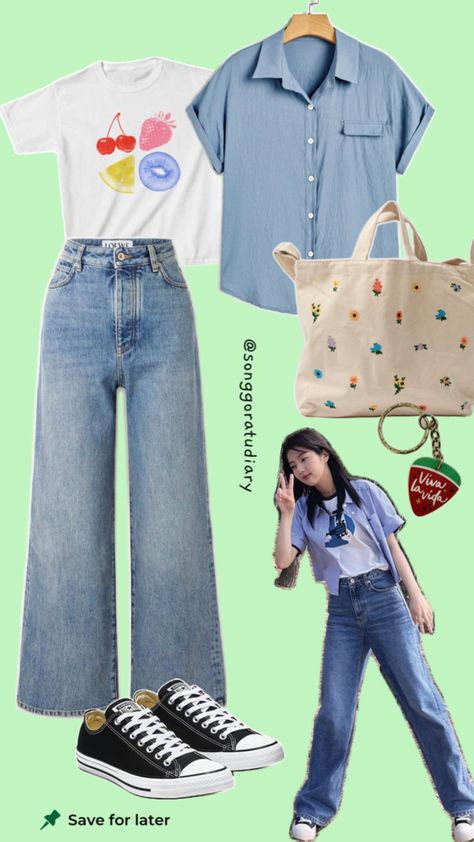 Cheong Ah Shin Eun Soo Twinkling Watermelon Korean Drama Outfit Travel Tengah Tahun Drama Outfit, Travel Airport, Travel Ootd, Aesthetic Travel, Korean Aesthetic, Jeans White, White Tee, Fashion Outfit, Button Shirt