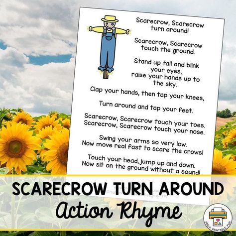 This is a fun little fall themed action rhyme that preschoolers love!Download your free copy of this Scarecrow turn around action rhyme from my shop or in the Free Subscriber Library! Scarecrow Scarecrow Turn Around Song, Harvest Circle Time Activities, Scarecrow Circle Time Activities, Scarecrow Preschool, Scarecrow Song, November Preschool, Harvest Theme, September Crafts, Circle Time Activities