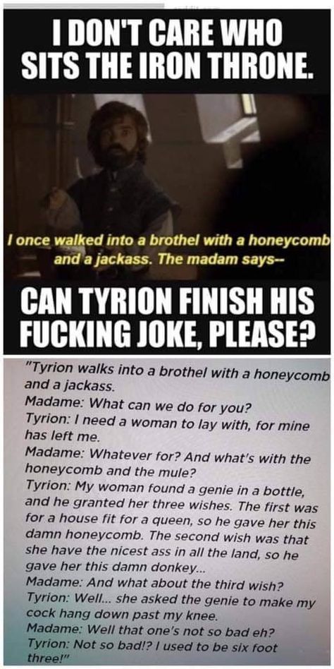 The honeycomb and the jackass Funny Harry Potter, Got Game Of Thrones, Game Of Thrones Quotes, 9gag Funny, Game Of Thrones Funny, Got Memes, Meme Comics, Gra O Tron, Games Of Thrones