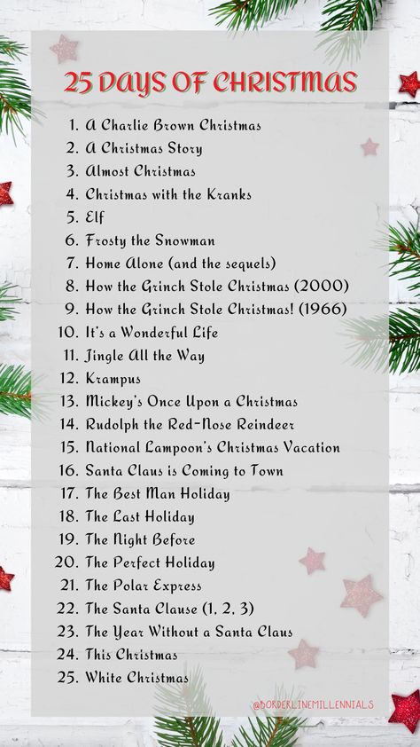 25 Days Christmas Ideas, 25 Christmas Movies List, December To Do List Christmas Time, 24 Days Of Christmas Movies, 25 Days Of Christmas Movies List, 31 Days Of Christmas Movies, 25 Days Of Christmas Gift Ideas, Christmas Preparation List, 25 Days Of Christmas Ideas