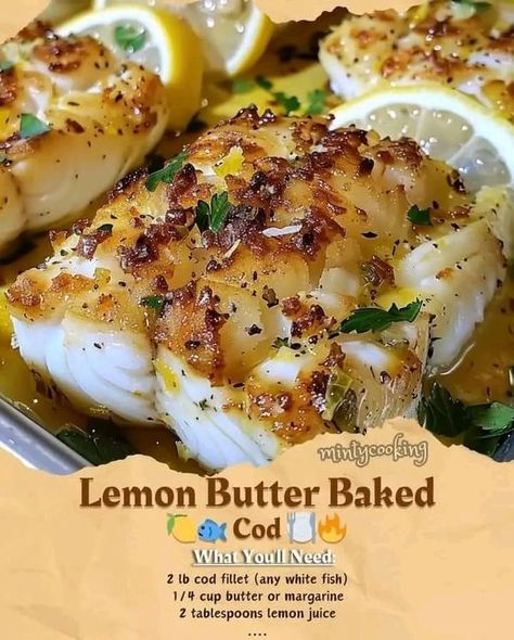 Jamie Oliver Recipes | 🍋🐟 Lemon Butter Baked Cod 🍽️🔥 | Facebook Lemon Butter Baked Cod, Baked Cod Recipes Oven Easy, Fried Haddock Recipes, Baked Cod Fillets, Haddock Recipes, Baked Cod Recipes, Lobster Dishes, Seafood Dish Recipes, Fish Recipes Baked