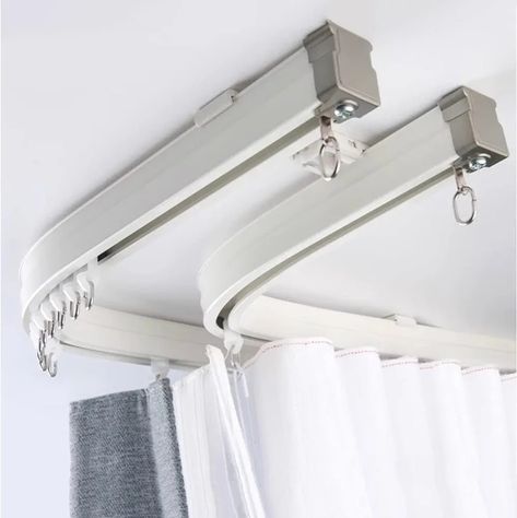 Color Ceiling, Curtain Track System, Ceiling Curtain Track, Bay Window Curtains, Ceiling Curtains, Parents Room, Bay Windows, Double Curtains, Curtain Rails