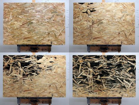 Artist Pejac uses pressed wood as the canvas for his inky paintings of man versus nature Painting Pressed Wood, Painted Osb, Panel Drawing, Osb Furniture, Osb Wood, Plywood Art, Osb Board, Furniture Upcycling, Plywood Walls