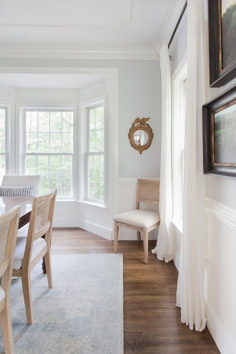 Passive Paint Color, White Dove Trim, Grey Color Schemes, Dining Room Makeover Ideas, Dining Room 2023, Sandstone House, Best Benjamin Moore Paint Colors, Dark Wooden Table, Arrange Furniture