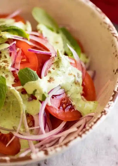 Indian Tomato Salad with Mint Dressing | RecipeTin Eats Mint Salad Dressing, Indian Salad, Poulet Tikka Masala, Mint Dressing, Salad With Mint, Indian Salads, Spicy Salad, Mint Salad, Fried Fish Recipes