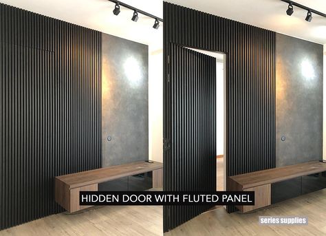 Wood Cladding Interior Feature Walls, Modern Hidden Door, Secret Door Ideas, Hidden Door Ideas, Door Remodel, Hidden Doors In Walls, Living Room Decor Tv, Tv Wall Panel, Tv Feature Wall