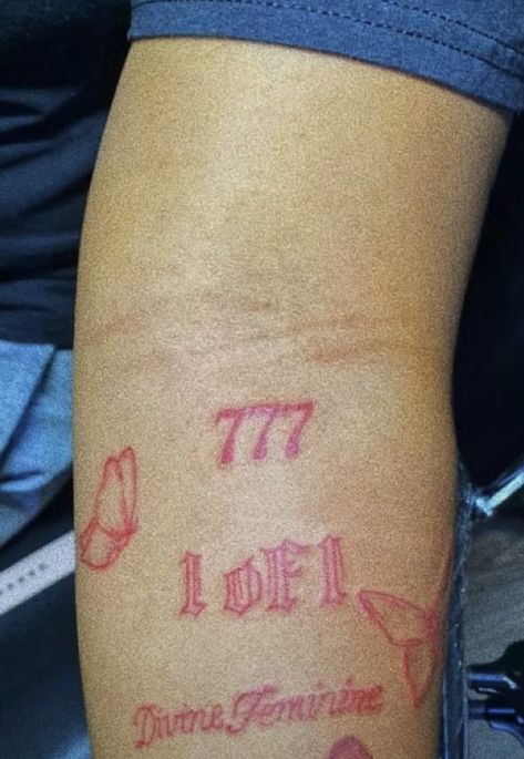 777 Tattoo Red, 777 Tattoo Meaning, Tattoo Red Ink, 777 Tattoo, Red Ink Tattoo, Tiny Tattoos For Women, Mystical Tattoos, Tattoo Red, Hidden Tattoos