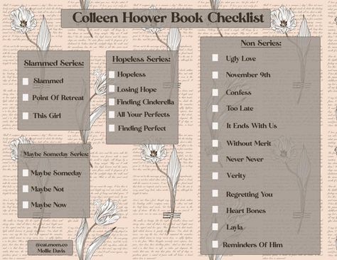 Collen Hover Book Series, Collen Hoover Checklist, Colleen Hoover Book Checklist, Collen Hover All Books, Books Checklist, Collen Hover, Bullet Journal Reading Log, Book List Printable, Reading Bujo