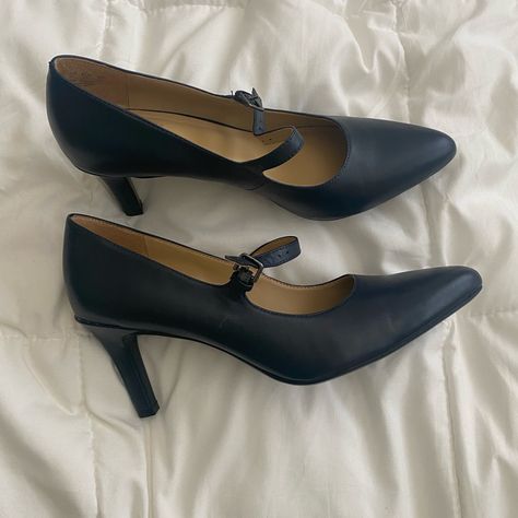 Navy Blue Mary Janes, Formal Mary Janes With 4-inch Heel, Medium Width, Blue Velvet Mary Janes, Mary Jane Heels With 4-inch Heel In Medium Width, Leather Mary Janes With 4-inch Heel, Naturalizer Shoes, Mary Janes, Navy Blue, Brand New