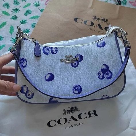 Teri Shoulder Bag In Signature Canvas With Blueberry Print Coach Blueberry Bag, Blueberry Print, Pink Coach Purses, W Signature, Authentic Bags, Signature Canvas, Leather Mary Janes, Cute Little Things, Coach Leather