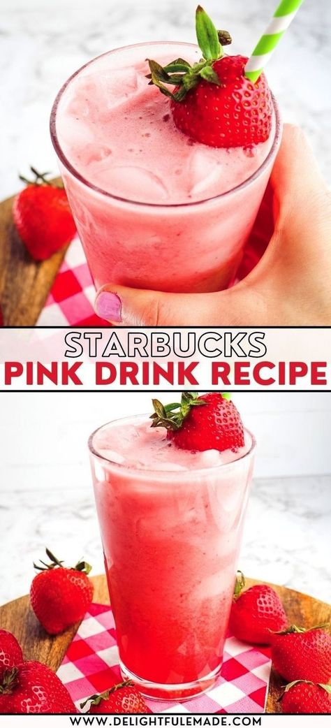 Wondering what Starbucks Pink Drink ingredients you need to make it at home? This super easy Starbucks pink drink recipe needs just 4 ingredients, saving you money and calories! || Delightful E Made Pink Drink Ingredients, Grilled Chicken Recipes Healthy, Blended Drink Recipes, Marinade Ideas, Pink Drink Recipe, Starbucks Pink Drink Recipe, Strawberry Kiwi Smoothie, Pink Drink Starbucks, Starbucks Pink Drink