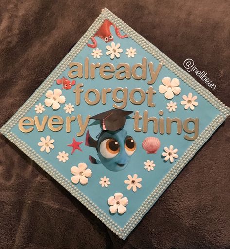 Dory Cap Graduation, I Already Forgot Everything Cap, Grad Cap Ideas Middle School, 2d Graduation Cap Designs, Just Keep Swimming Grad Cap, Grad Cap Inspo Funny, 2024 Cap Designs, Photography Graduation Cap, Wall-e Graduation Cap