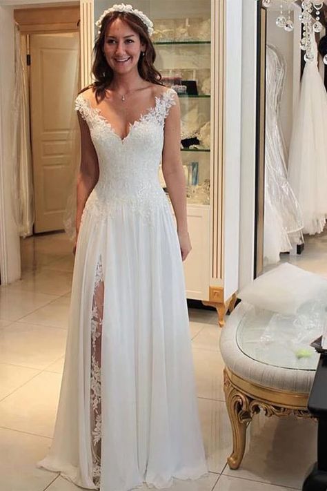 Browse Our Large Selection of Wedding Dresses, Shop A Line Chiffon Beach Wedding Dress with Lace, Long Flowy Bridal Dress with Lace N1772, Cheap Wedding Dress, Formal Dress, White Bridal Dresses at simibridaldresses.com Chiffon Beach Wedding Dress, Chiffon Wedding Dress Beach, Wedding Dress With Lace, White Bridal Dresses, Wedding Dress Chiffon, Long Sleeve Wedding, Sarah Jessica Parker, White Bridal, Cheap Wedding Dress