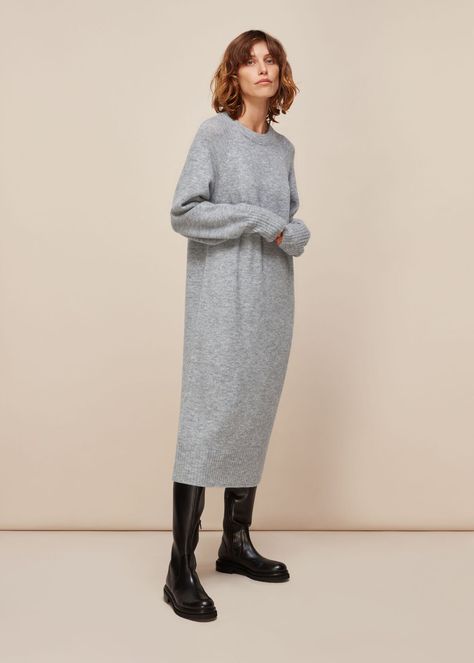 Long Grey Dress Casual, Gray Sweater Dress Outfit, Knitted Dress Outfit, Work From Home Outfit Ideas, Midi Dress Outfit, Work From Home Outfit, Grey Knit Dress, Transitional Dressing, Wool Knitted Dress