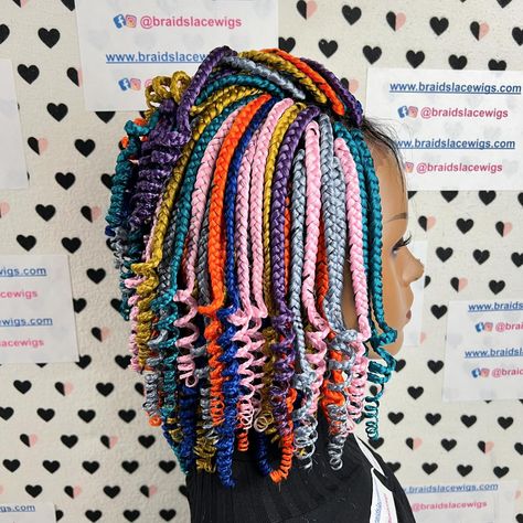 Multi Color Short Curly Box Braids Wig... To order click on the link 👉 www.braidslacewigs.com . . . . . . . . . . . . . . . . . . #shortcurlyhair #curlywig #curlyhairdontcare #braidedwigs #braids #braidedhairstyles #curlycommunity #braidedwig #braidstyles #curlybeauty #curlygirlmethod #blackgirlmagic #multicoloured #curledhair #blackgirlhairstyles #curlcrush #wigsforblackwomen #hairinspiration #wiglife #braidwig #curlfriends #curledbraids #wigshop #fulllacewigs #curly #bohobraids #curlspecia... Calico Hair Braids, Multicolor Box Braids, Short Goddess Box Braids, Box Braids Short, Curly Box Braids, Dreads Diy, Hairstyles Crochet, Ombre Box Braids, Braids Short