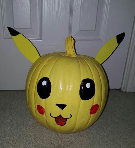 Pikachu Pokemon Pumpkin Craft paint and yellow foam sheets for the ears Pikachu Painting, Pikachu Pumpkin, Pokemon Pumpkin, Pumpkin Painting Party, Train Pumpkin, Painting Pumpkin, Pumpkin Decorating Contest, Pokemon Halloween, Disney Pumpkin