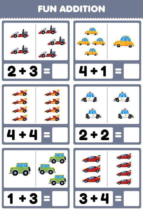 Education game for children fun addition by counting and sum cute cartoon land transportation pictures worksheet Transportation Pictures, Transportation Worksheet, Animal Worksheets, Game For Children, Vector Character Design, Numbers For Kids, Studying Math, Speech Therapy, Learn English