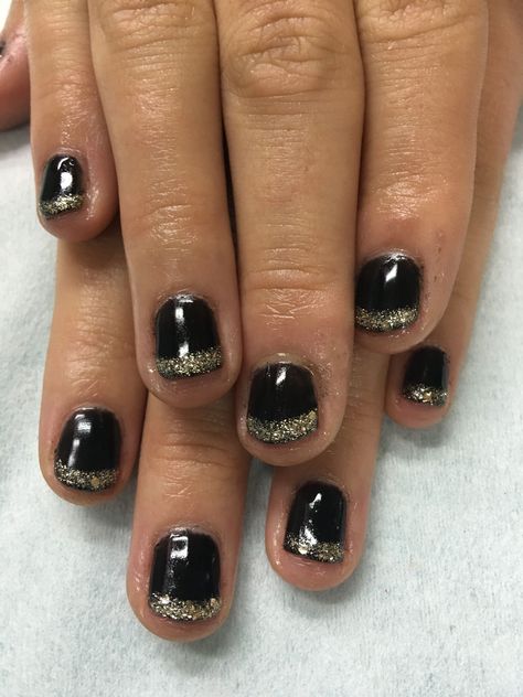 Black and Gold Glitter French gel nails Black And Gold Gel Nails Short, French Gel Nails, Gold French Tip, Gold Gel Nails, Nail Decals Designs, Black Gold Nails, Star Nail Art, Art Water, Popular Nails