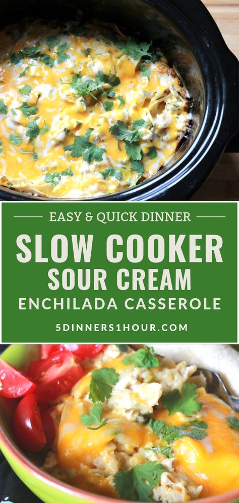 Crockpot Recipes With Sour Cream, Sour Cream Enchilada Casserole, Chicken Enchilada Casserole Easy, Sour Cream Chicken Enchilada Casserole, Casserole Enchilada, Sour Cream Chicken Enchilada Recipe, Easy Enchilada Casserole, Crockpot Chicken Enchiladas, 5 Dinners