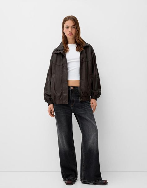 Brown Leather Jacket Outfit, Bershka Jacket, Sweaters And Cardigans, Baggy Trousers, Leather Jacket Outfits, Brown Jacket, Faux Leather Jacket, Black Leather Jacket, Sweaters Knitwear