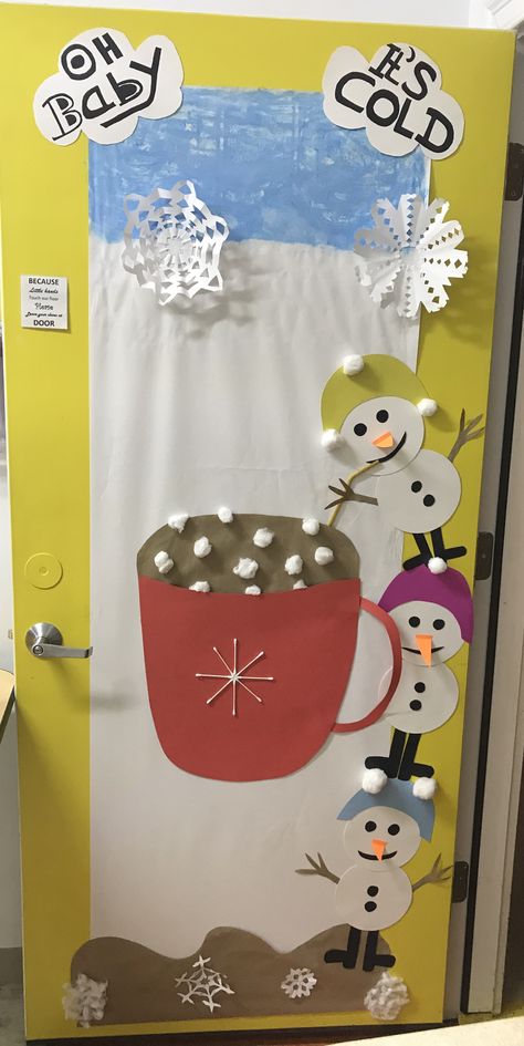 Hot Cocoa Stand Classroom Door, Hot Cocoa Classroom Door, Door Decoration Preschool, Winter Theme Door, Theme Door Decorations, Christmas Door Decorations For School, Hot Cocoa Snowman, Snowman Door Decoration, Door Decorations For School