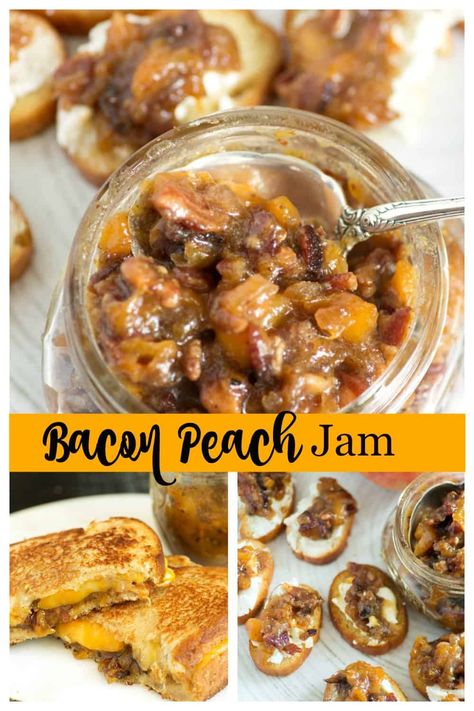 Bacon makes everything better, so why not try it with peaches. Bacon Peach Jam adds a sweet and salty flavor to a burger, sandwich or add some to goat cheese on a crostini for the best appetizer out there. Easy to make and not greasy at all. #baconjam #peaches #jam #butterandbaggage Peach Bacon Jam, Recipe With Peaches, Appetizer Crostini, Bacon Bar, Bacon Jam Recipe, Summer Fruit Recipes, Pie Fillings, Burger Sandwich, Cherry Sauce