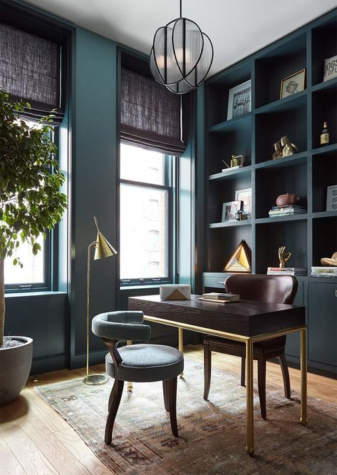 Are Dark Green Walls the New White Walls? (Short Answer: We Think Maybe) - Emily Henderson Dark Home Office, Masculine Home Office Ideas, Ikea Linnmon, Masculine Home Office, Dark Office, Small Office Decor, Home Office Ideas For Women, Dark Green Walls, Dark Home