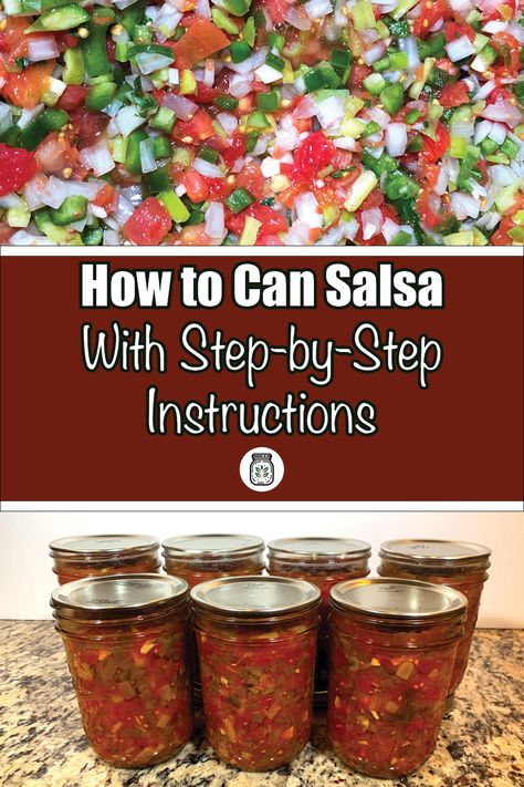 Discover the ultimate guide to canning salsa with our easy step-by-step instructions. Perfect for food preservation enthusiasts, this recipe uses fresh tomatoes, peppers, onions, and garlic to create a zesty salsa. Learn how to safely preserve your homemade salsa using a water bath canner. Ideal for beginners and seasoned canners alike, this tutorial will help you enjoy the flavors of summer all year round. Visit PreservingGuide.com for the full recipe and additional canning tips. How To Make And Can Homemade Salsa, Canning Homemade Salsa With Fresh Tomatoes Cilantro, Best Salsa For Canning, Salsa Recipe Canning Homemade, Jarring Homemade Salsa, Salsa Canned Homemade, Fresh Salsa Canning Recipes, Homemade Jarred Salsa, Diy Canned Salsa