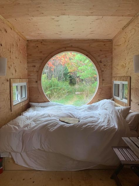 Basic Tiny Cabin With Round Window; Toronto Tiny House Talk, Tiny House Loft, Round Window, Tiny House Inspiration, Tiny Cabin, Tiny House Decor, Tiny House Interior, Tiny Houses For Sale, Tiny House Cabin