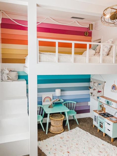 Wall Loft Bed, Rainbow Themed Bedroom, Girls Loft Bed, Rainbow Bedroom, Summer Bedroom, Colorful Kids Room, Big Kids Room, Rainbow Room, Rainbow Wall