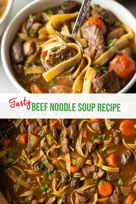 Crock Pot Beef Noodle Soup, Beef Mushroom Noodle Soup, Beef Soup Recipes Crock Pot, Soup With Beef Tips, Beef Soups And Stews, Beef Noodle Soup Recipes, Tender Stew Meat, Vegetable Beef Noodle Soup, Beef And Noodle Soup