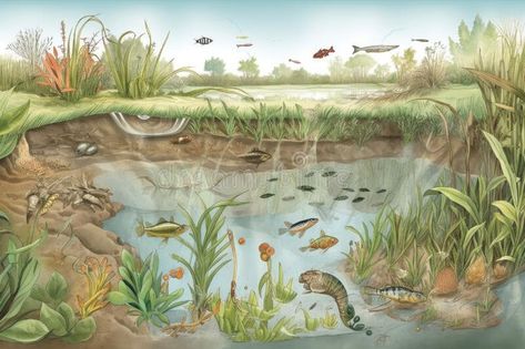 Freshwater pond teeming with life, from the insects and plants at the bottom to the fish above stock image Pond Illustration, Reflection Pond, Animals Illustration, Vector Map, Map Vector, Freshwater Fish, The Fish, Animal Illustration, Otters