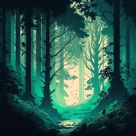 Blue Forest Illustration, Fantasy Deep Forest, Green Forest Illustration, Creepy Forest Illustration, Magical Woods Illustration, Mythical Forest Art, Deep Forest Illustration, Black Forest Art, Dark Woods Illustration