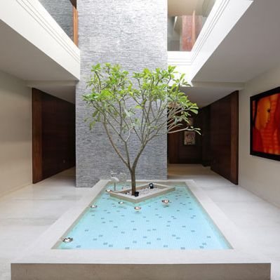 Double height atrium at the entrance of the villa with a champa tree floating in a water body Waterbody Design, Indoor Landscaping, Architecture 101, Interior Architects, Water Body, Fountain Design, Brick Architecture, Design Outdoor, Museum Architecture