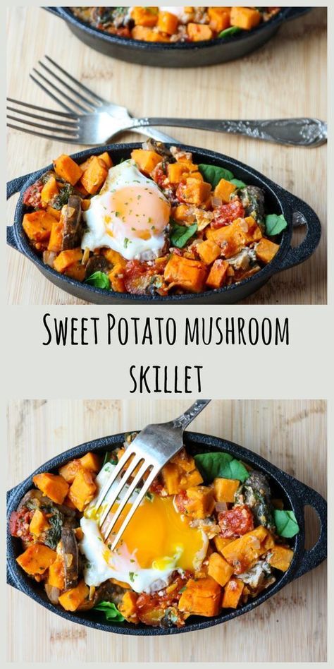 Sweet Potato Mushroom Skillet With Egg | The Food Blog Potato Egg Skillet, Yams Vs Sweet Potatoes, Sweet Potato And Mushroom, Sweet Potato Mushroom, Potato Mushroom Recipe, Potato And Mushroom, Mushroom Skillet, Sweet Potato Nutrition, Sweet Potato Egg