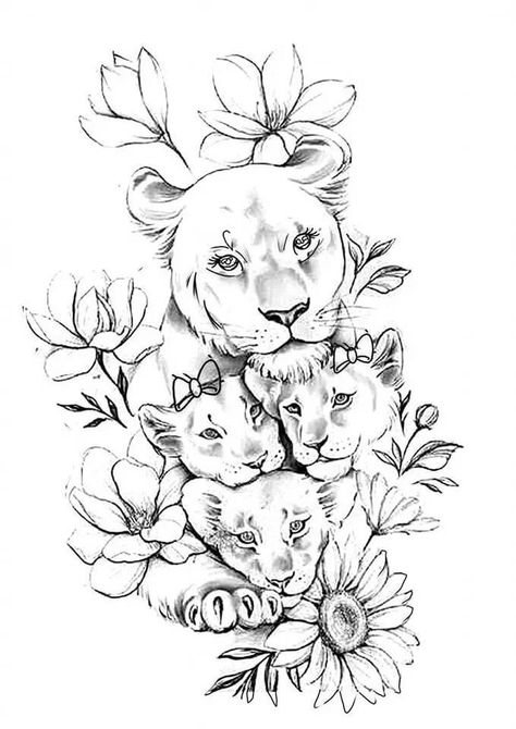 Lioness And Cub Tattoo, Lion Cub Tattoo, Lioness Tattoo Design, Female Lion Tattoo, Big Cat Tattoo, Cubs Tattoo, Lioness Tattoo, Flower Tattoo Drawings, Mom Tattoo Designs