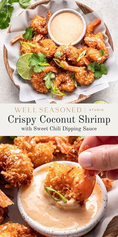 Coconut Shrimp is a delightful fusion of crunchy, sweet, and savory flavors that can easily be prepped ahead of time. Paired with a zesty sweet chili sauce, this dish is perfect as an appetizer, a main course, or enjoyed in rice bowls, salads, or wraps. #wellseasonedstudio #shrimp #coconut #friedshrimp Shrimp Starter, Shrimp Appetizers Recipes, Coconut Shrimp Bowl, Coconut Shrimp Dinner, Coconut Shrimp Meal, Coconut Shrimp Tacos, Coconut Shrimp Sauce Recipe, Coconut Milk Shrimp, Crunchy Shrimp