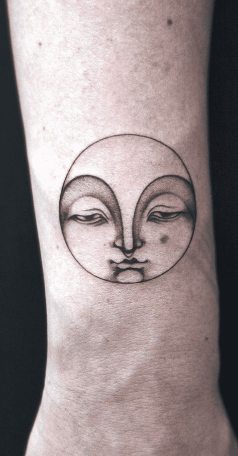 Face In The Moon Tattoo, Funky Moon Tattoo, Cartoon Moon Tattoo, Moon Tattoo Face, Man In The Moon Tattoo, Sequoia Tattoo, Abstract Moon Tattoo, Moon Tattoo Traditional, Moon Tattoo Shoulder